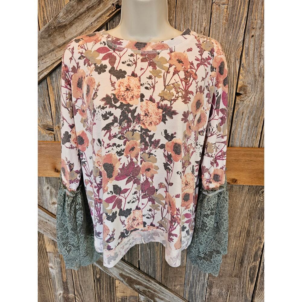 Boho Jane size large L Midi long sleeve southern blouse EUC mixed media lace